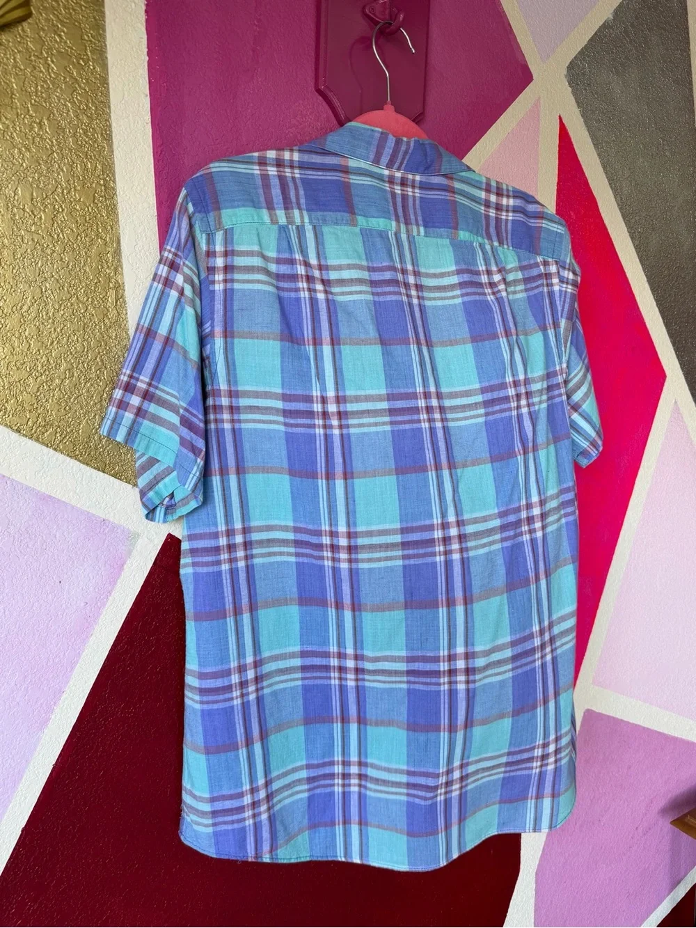 Vintage L.L. Bean Plaid Shirt Sz 18 Made in USA Purple Teal Short Sleeve